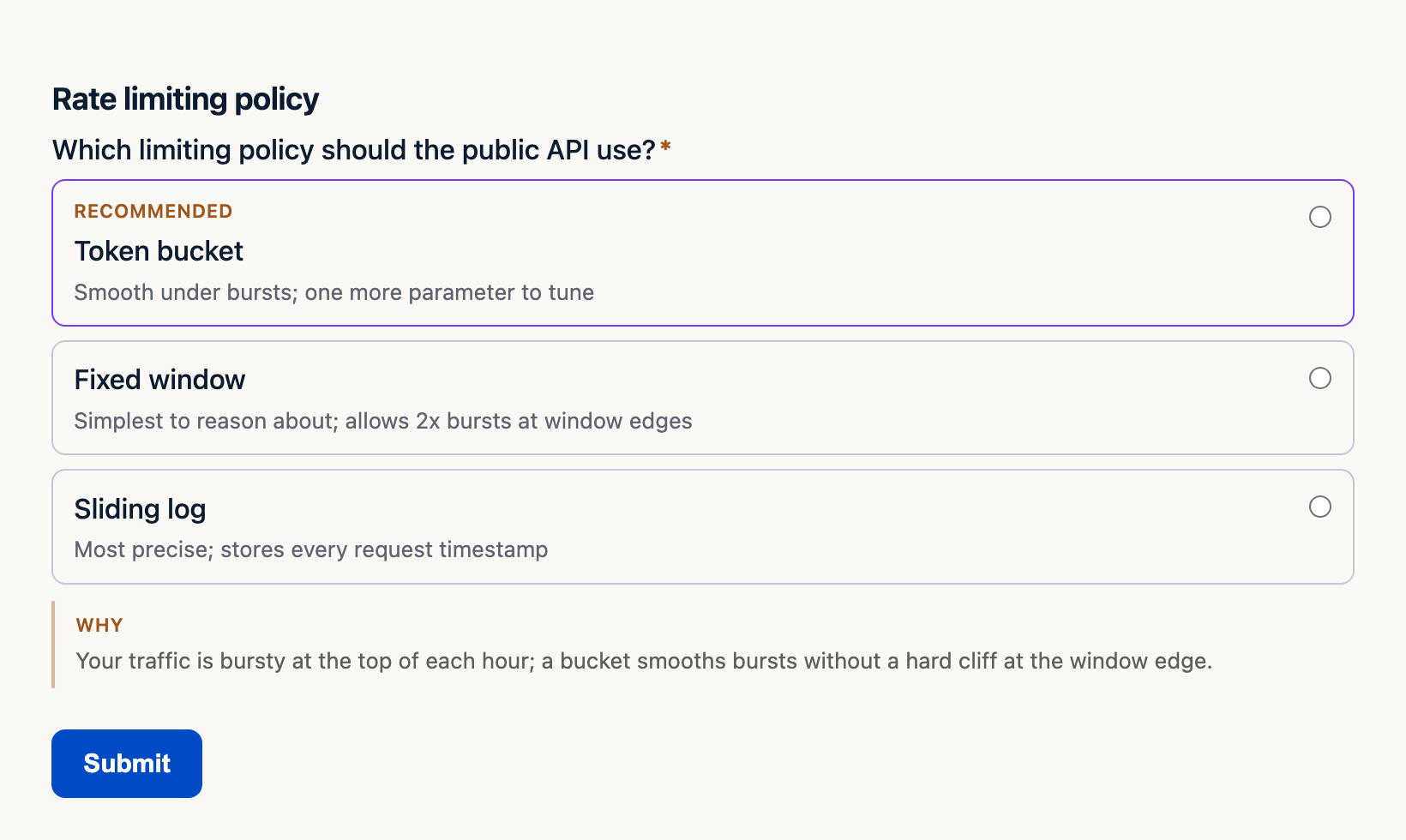 A decision card recommending a token bucket rate limiter, with tradeoffs on each option and a Why callout